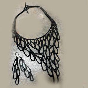 Signed Vintage Marzio Fiorini art deco laser cut black necklace&earrings. Lgtwt.